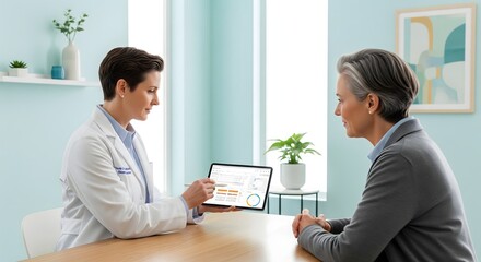 A young Caucasian female doctor discusses health information with a senior Hispanic woman in a modern office setting. Both are seated at a table with a tablet.