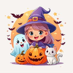 Adorable Halloween illustration featuring a playful girl in a witch hat, cheerful ghost, cute cat, and carved pumpkins, creating a festive and whimsical atmosphere