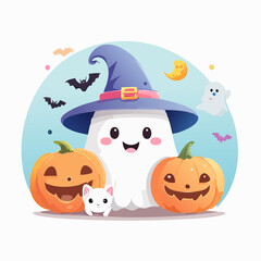 Adorable ghost character wearing a witch hat stands between two smiling pumpkins, surrounded by playful bats and a cute cat in a pastel vector illustration for Halloween