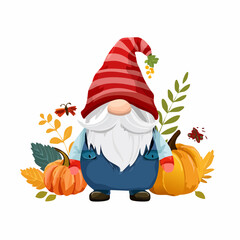 Scandinavian gnome Nisse with striped hat stands among pumpkins and autumn leaves, embodying a cozy fall garden vibe, perfect for seasonal decor and festive celebrations