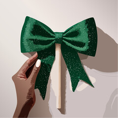 Black womans hand using a large stick to adjust an elegant green Christmas bow with subtle glitter, showcasing creativity and holiday spirit in a festive atmosphere