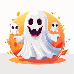Cartoon ghost character with black eyes and mouth, surrounded by smaller ghosts, set against an orange background, creating a playful Halloween illustration with vibrant colors and whimsical design