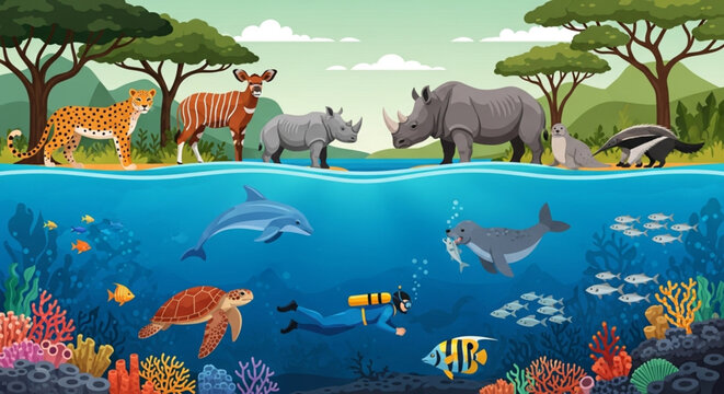 World Wildlife Day Hands Holding a Nature Sphere with Elephants and Fish, Symbolizing Wildlife Conservation in a Vibrant Illustration