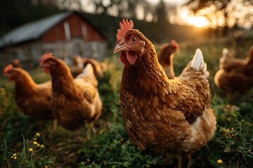Beautiful free-range hen with vibrant feathers grazing on a sunny farm at golden hour