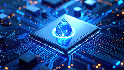 Innovative technology offers hopeful solution to water scarcity. glowing blue water drop on computer chip symbolizes digital management and future sustainability for planet