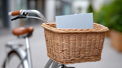 Tranquil close up of bicycle basket with blank note delivery for gig economy workforce. This simple transport method offers sustainable job in calm urban setting