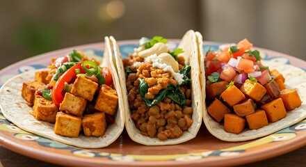 Delicious tacos with various fillings on a patterned plate closeup