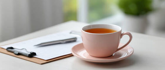 Calming cup of tea on doctor desk next to clipboard with patient notes quiet moment of reflection after professional medical interaction with client