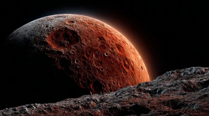 Red orange planet with craters appearing in space against a dark backdrop