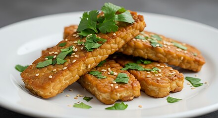 Delicious tempeh dish on white plate with garnishes and sesame seeds