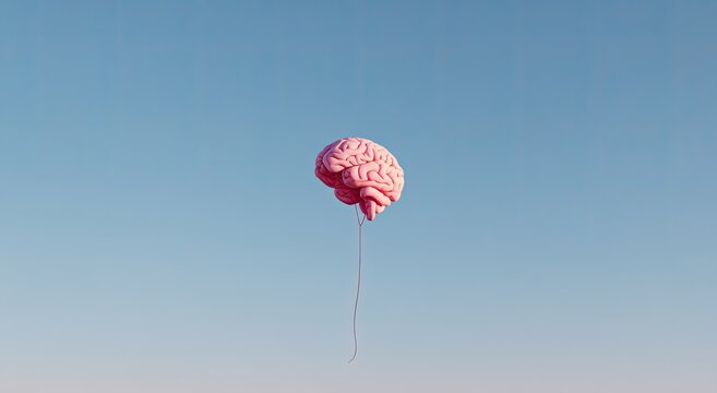 Pink brain floats on a string against a pale blue sky - Powered by Adobe