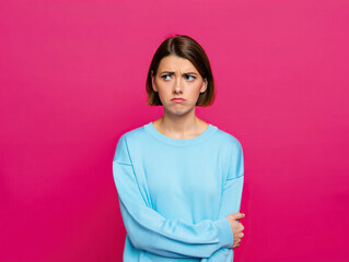Fototapeta premium Puzzled young woman in blue sweater on a pink background looking sideways