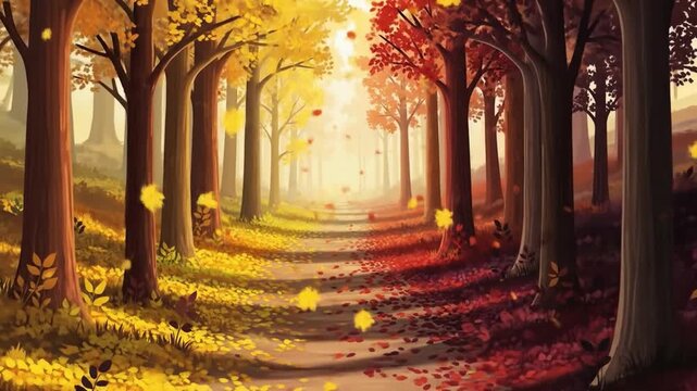 A path splits through a forest with gold and red foliage suggesting autumn