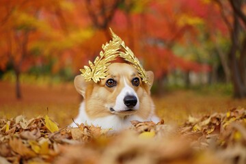 Corgi in golden laurel wreath peeking from vibrant autumn leaves