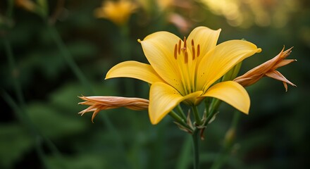 Close up of vibrant yellow lily flower with delicate petals and green leaves