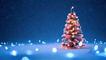 A charming miniature Christmas tree covered in snow and warm lights on a magical blue winter night