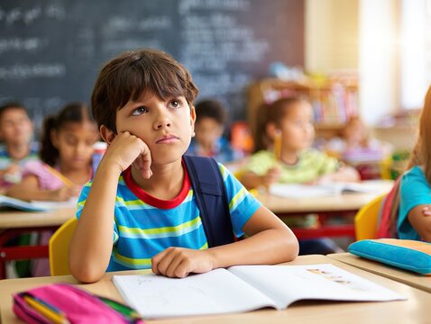 Young boy looking up thoughtfully in classroom