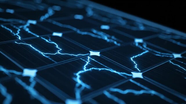 Close up of futuristic glowing blue circuit board and solar panel showcasing advanced technology, renewable energy innovation, electric energy flow, intricate patterns, and clean energy concepts