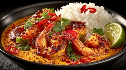 Savor a vibrant, spicy shrimp curry with fluffy basmati rice, fresh cilantro, and a zesty lime wedge