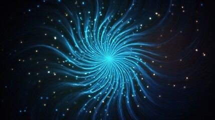 Abstract spiral with bright blue radiating lines and small golden particle spots