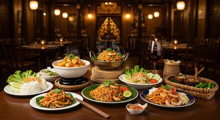 Delicious thai cuisine displayed on a table in a restaurant setting