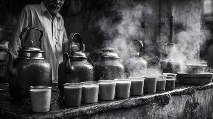 Man making and serving chai from traditional kettles on a street stall, an immersive experience of local culture and hot beverage.
