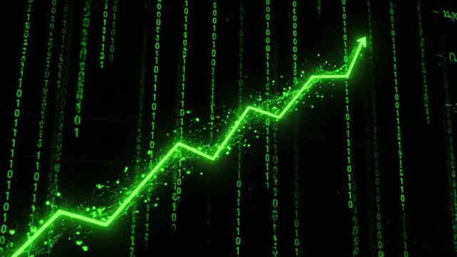 Glowing Green Upward Arrow Symbolizing Growth and Success Against Digital Binary Code Background, Highlighting Technology, Data Driven Progress, and Futuristic Advancements - Powered by Adobe