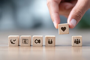 Hand placing a wooden block with a heart symbol, on a row of wooden blocks with various icons, suggesting a concept of prioritizing heart-centered healthcare