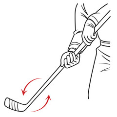 Close up illustration of a hockey player s hands gripping a stick with red arrows indicating stick handling or puck movement during a game