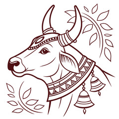 Traditional indian nandi bull head outline drawing with decorative ornaments bells and leaves symbolizing prosperity and spirituality in hindu culture