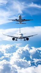 Obraz premium Two planes soaring above fluffy clouds