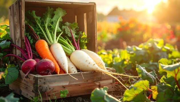 Freshly Harvested Vegetables in a Rustic Wooden Crate at Sunset in the Garden - Powered by Adobe