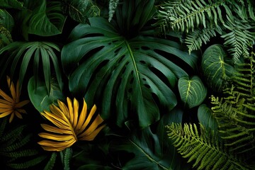 Lush tropical foliage arrangement. Dark green, vibrant yellow leaves in a dense pattern