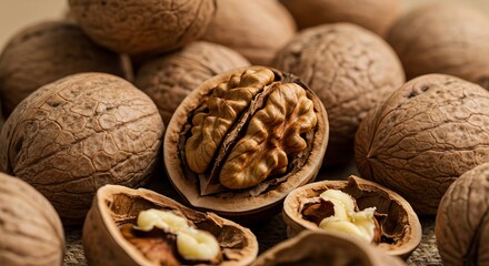 Close up of walnuts showcasing textured shells and delicious kernels