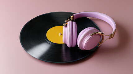 Listening to pink vinyl record with headphones offers moment of calm self care. This musical escape supports mental health and peaceful relaxation on pastel background