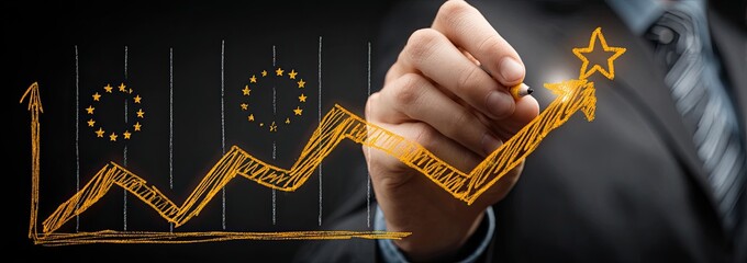 Businessperson drawing a rising graph with European Union symbols, emphasizing growth