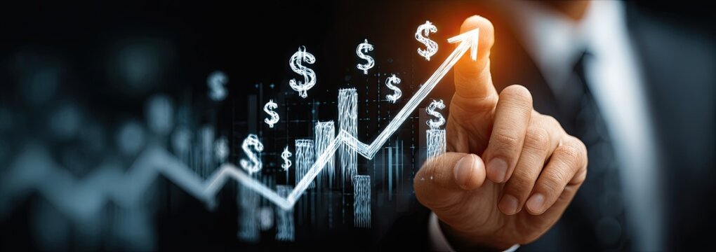 A hand points to a rising financial graph overlaid with dollar signs.  A businessperson's hand is highlighted, touching a projected upward trend line of financial data, marked with dollar symbols