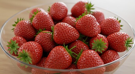 Fresh strawberries in a clear bowl ready for serving and eating