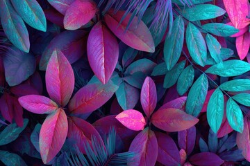 Vibrant tropical leaves in fuchsia and teal