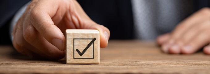 Hand holding a wooden block with a check mark