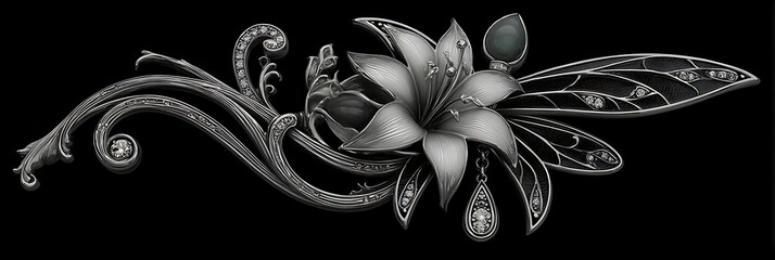 Stunning elegant silver lily and gothic wings adorned with sparkling diamonds on a luxurious dark background