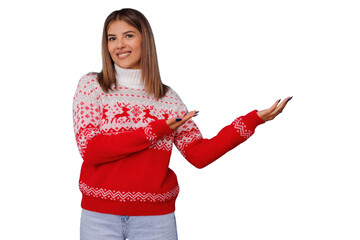 Woman presenting and smiling in red fair isle christmas sweater, offering holiday season greeting, transparent background