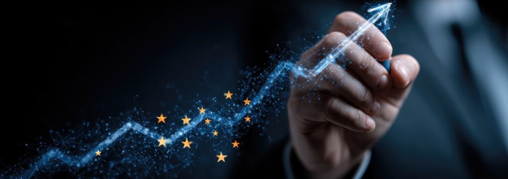 A hand draws a rising arrow graph, filled with digital particles and European Union symbols, on a dark background