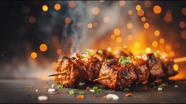 Grilled meat skewers with herbs and spices on dark surface background