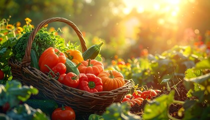 Freshly Harvested Organic Vegetables in a Wicker Basket Under Sunlit Garden