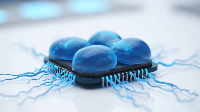 Futuristic Microchip Innovation Organic Jellyfish Structures with Glowing Blue Tentacles Symbolizing Technology and Biology Fusion, Advanced Connectivity, and Sleek Modern Design