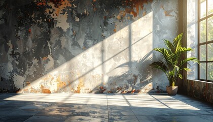 A potted plant sits on a tiled floor in a room with a large window casting a diagonal beam of light onto a worn, peeling wall with a mix of gray, beige, and orange hues.
