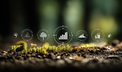 Forest growth, data overlay.  Environmental metrics visualized on a forest floor