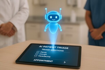 A futuristic representation of AI patient triage in a modern clinic. 