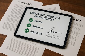 Contract Lifecycle Management on digital tablet surrounded by contract papers. 